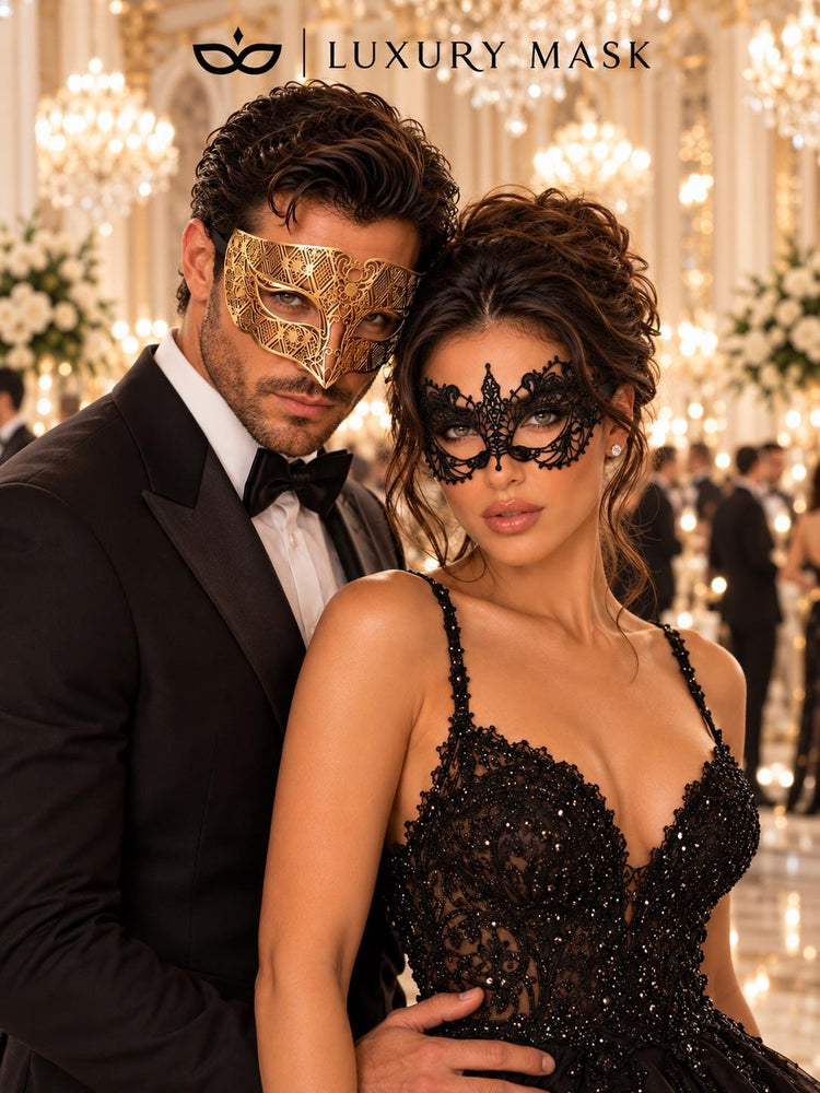 Gold Diamond Venetian Mask for Men & Black Lace Mask for Women | Elegant Gold Black Couples Masquerade Set - product view 3
