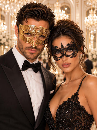 Gold Diamond Venetian Mask for Men & Black Lace Mask for Women | Elegant Gold Black Couples Masquerade Set