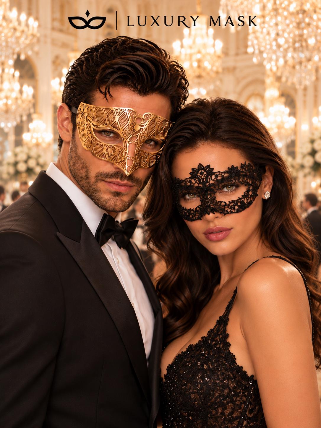 Black Flower Lace Mask for Women & Gold Diamond Venetian Mask for Men - His and Hers Masquerade Mask Set - product photo