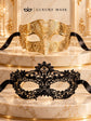 Black Flower Lace Mask for Women & Gold Diamond Venetian Mask for Men - His and Hers Masquerade Mask Set - product photo