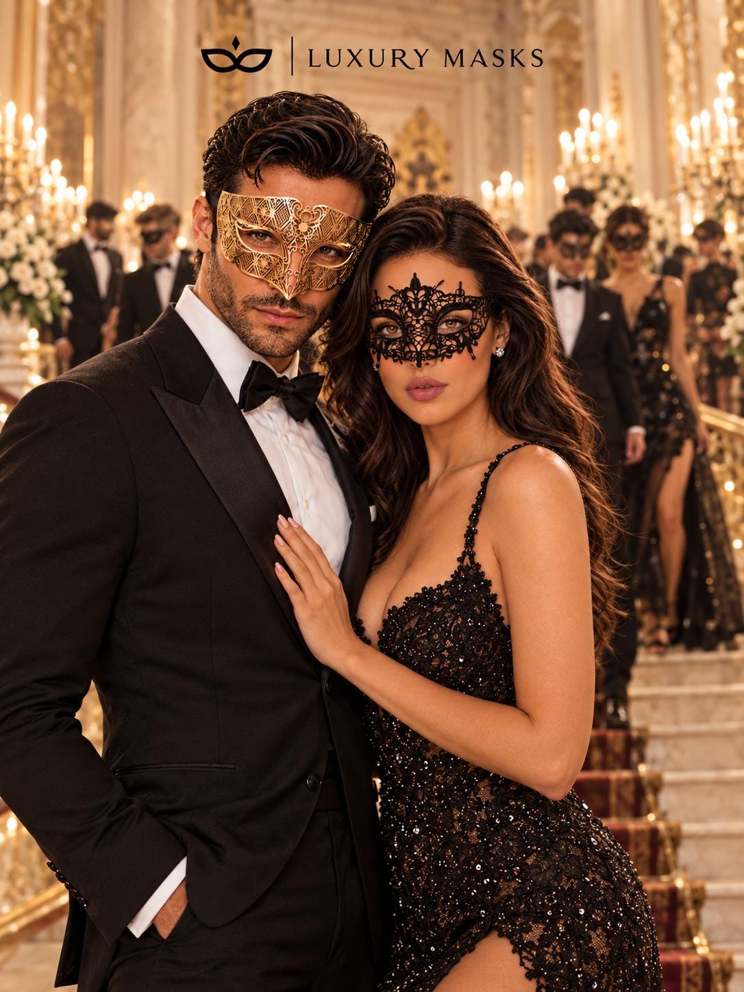 Gold Laser Cut Diamond Mask for Men with Black Lace Mask for Women | Venetian His and Hers Masquerade Masks - product view 3