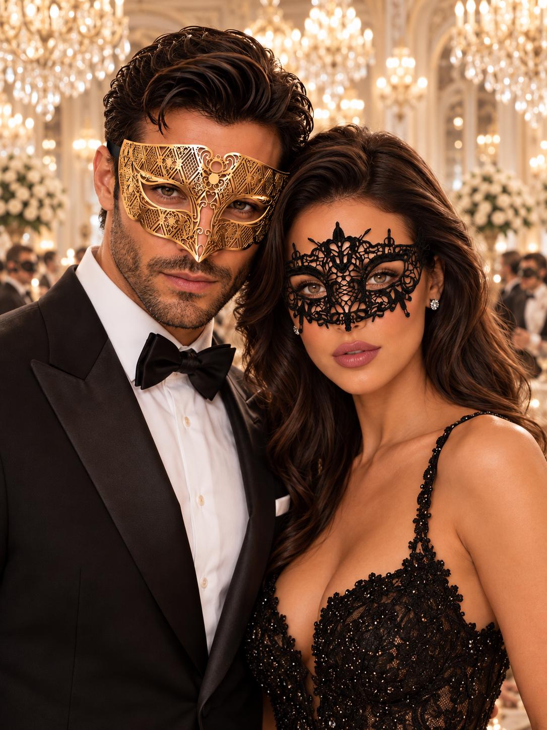 Gold Laser Cut Diamond Mask for Men with Black Lace Mask for Women | Venetian His and Hers Masquerade Masks