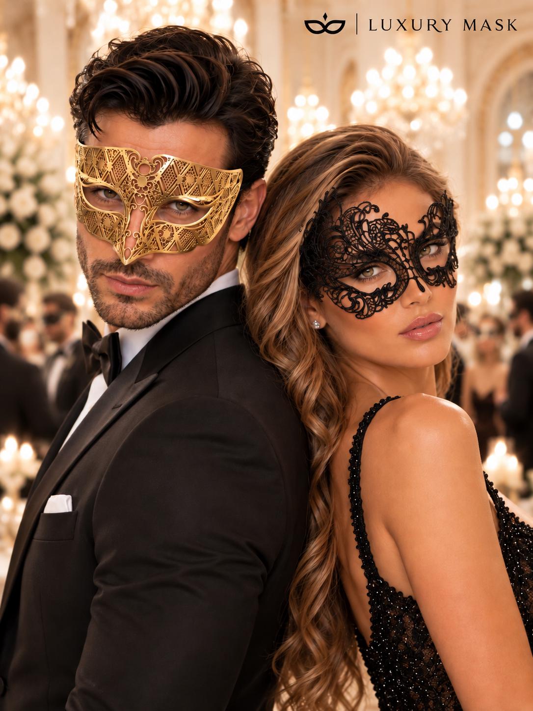Black Swan Lace Mask for Women & Gold Diamond Venetian Mask for Men - Gold Black Couples Masquerade Mask Set - product photo