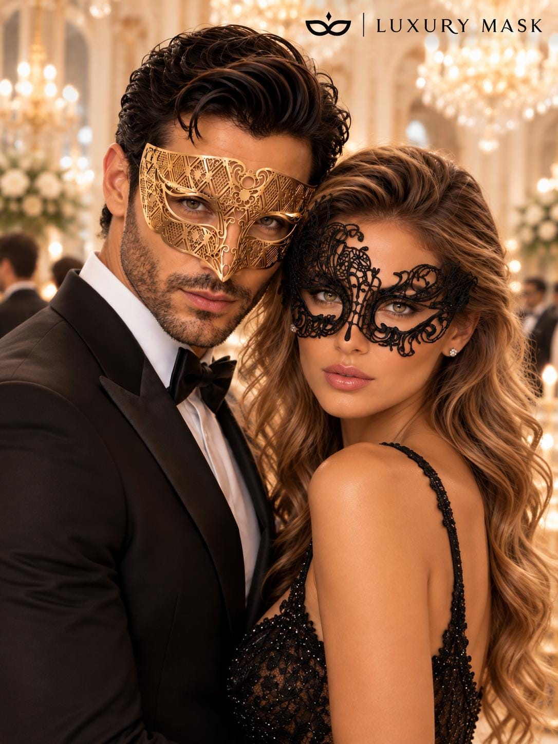 Black Swan Lace Mask for Women & Gold Diamond Venetian Mask for Men - Gold Black Couples Masquerade Mask Set - product photo