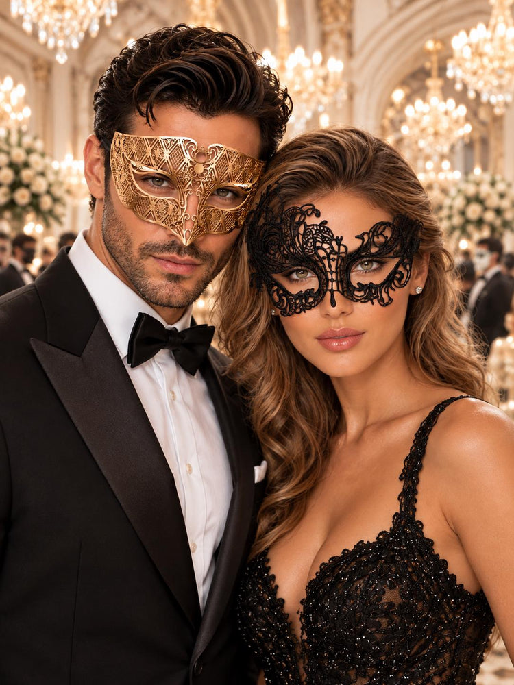 Black Swan Lace Mask for Women & Gold Diamond Venetian Mask for Men - Gold Black Couples Masquerade Mask Set - main image