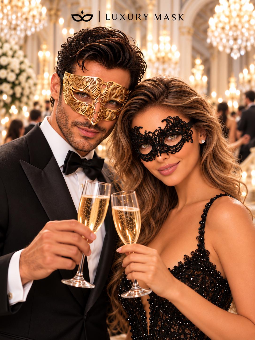Black Lace Venetian Mask for Women with Gold Diamond Mask for Men | Elegant Black Gold His and Hers Masquerade Set - product view 3