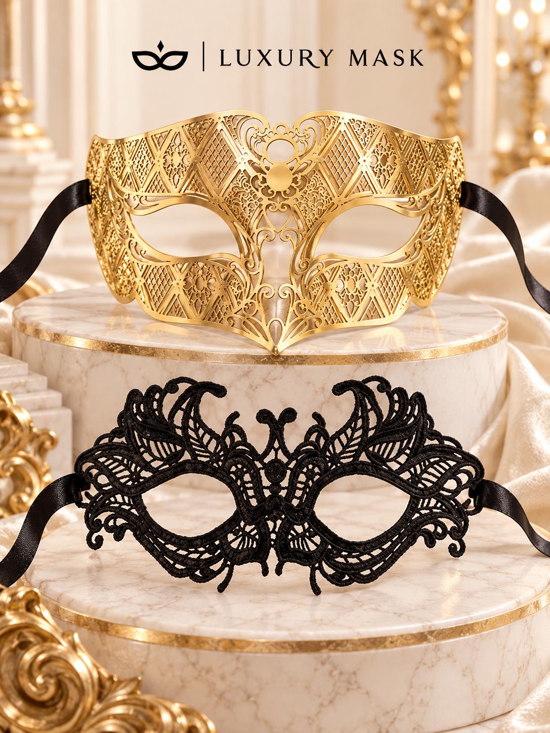 Black Lace Venetian Mask for Women with Gold Diamond Mask for Men | Elegant Black Gold His and Hers Masquerade Set - product view 6