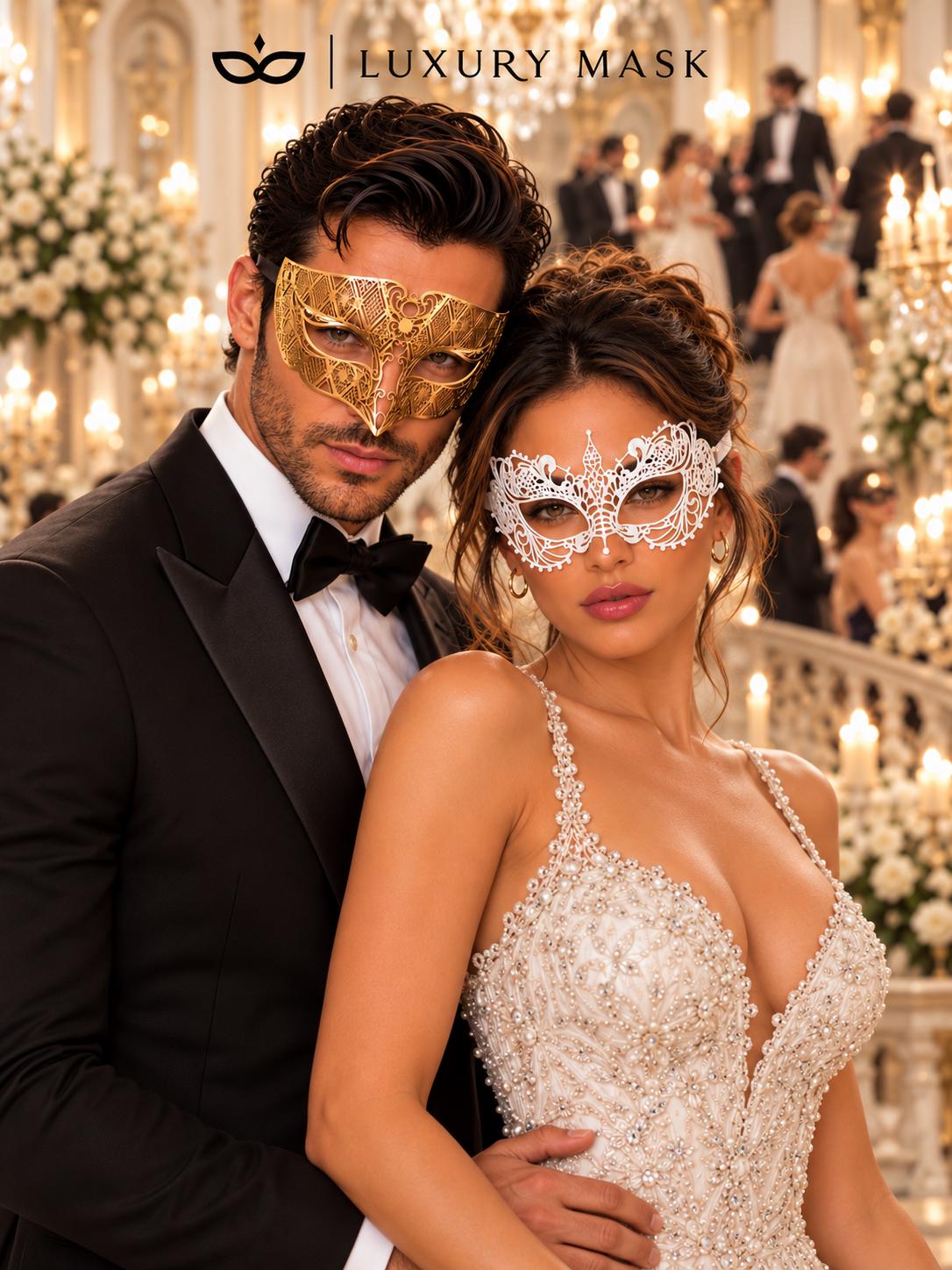 White Lace Mask for Women & Gold Diamond Venetian Mask for Men | Gold White His and Hers Masquerade Mask Set - product view 4