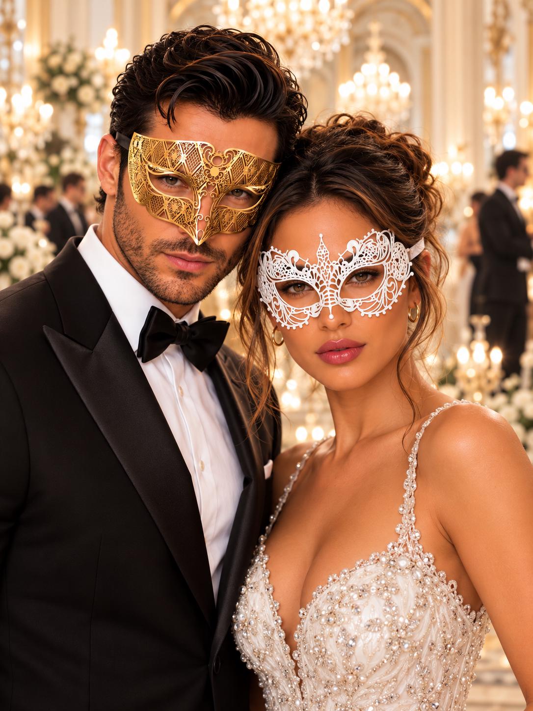 White Lace Mask for Women & Gold Diamond Venetian Mask for Men | Gold White His and Hers Masquerade Mask Set