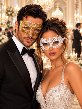 White Lace Mask for Women & Gold Diamond Venetian Mask for Men | Gold White His and Hers Masquerade Mask Set