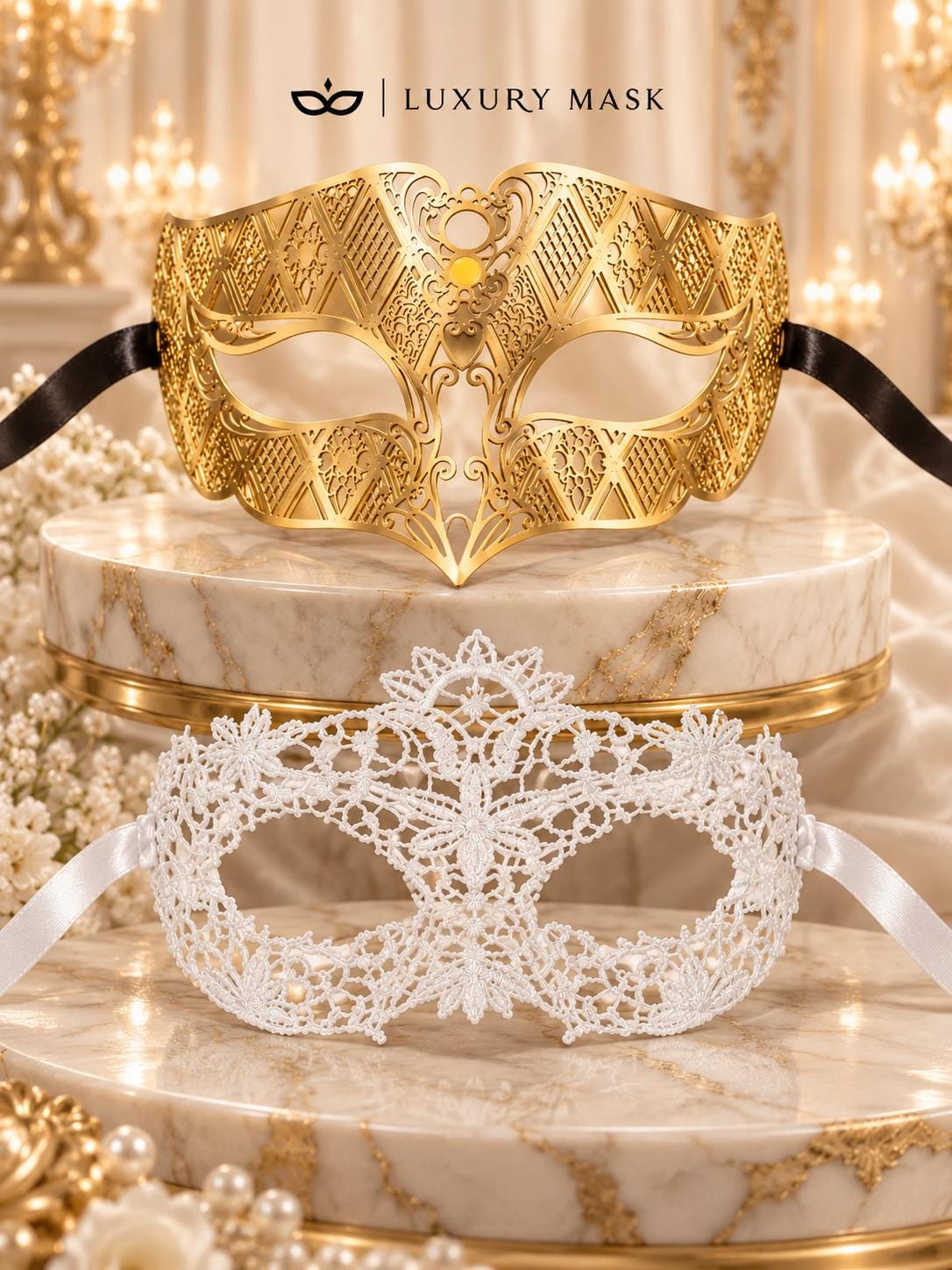 White Flower Lace Mask for Women with Gold Diamond Venetian Mask for Men | Gold White Couples Masquerade Set - product view 6