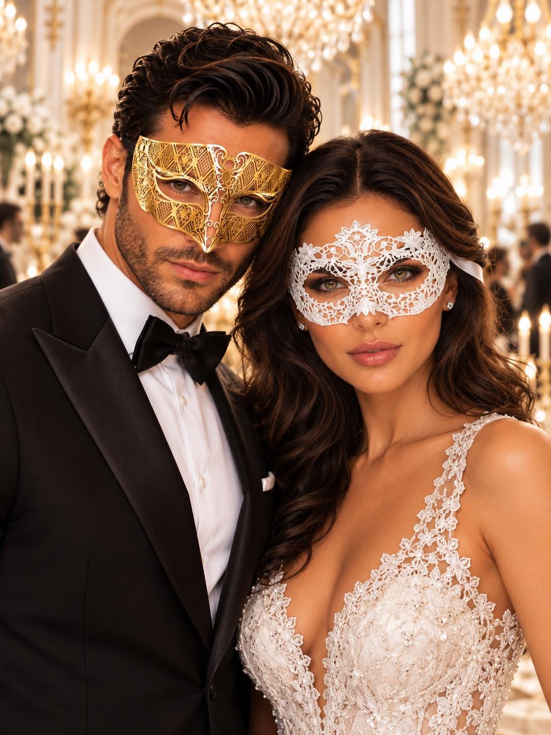 White Flower Lace Mask for Women with Gold Diamond Venetian Mask for Men | Gold White Couples Masquerade Set