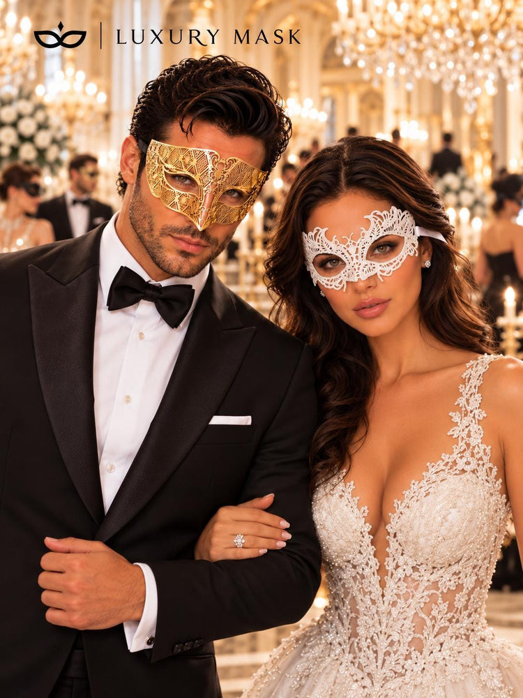 Gold Diamond Laser Cut Mask for Men & White Lace Venetian Mask for Women | Elegant Gold White Masquerade Couple Set - product view 2