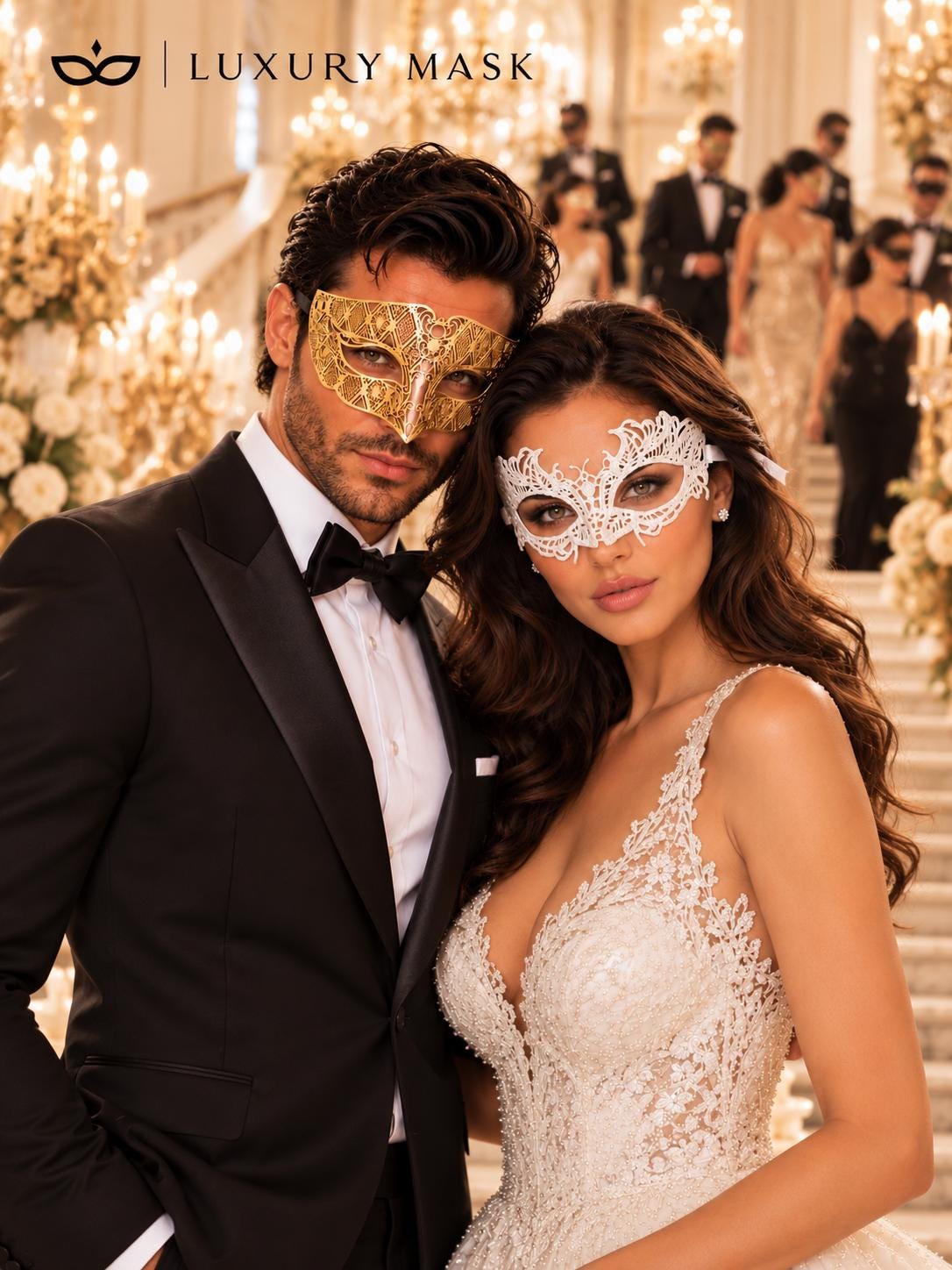 Gold Diamond Laser Cut Mask for Men & White Lace Venetian Mask for Women | Elegant Gold White Masquerade Couple Set - product view 3