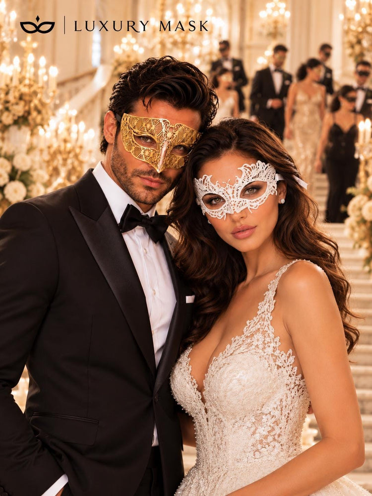 Gold Diamond Laser Cut Mask for Men & White Lace Venetian Mask for Women | Elegant Gold White Masquerade Couple Set - product view 3