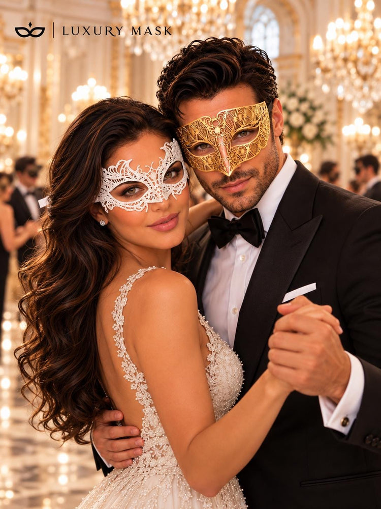 Gold Diamond Laser Cut Mask for Men & White Lace Venetian Mask for Women | Elegant Gold White Masquerade Couple Set - product view 4