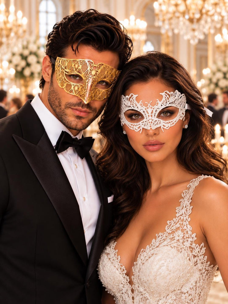 Gold Diamond Laser Cut Mask for Men & White Lace Venetian Mask for Women | Elegant Gold White Masquerade Couple Set