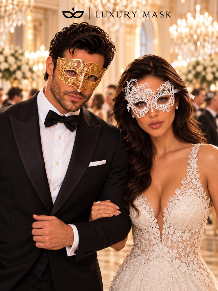White Swan Lace Mask for Women with Gold Diamond Venetian Mask for Men | Gold White Couples Masquerade Masks - product view 2