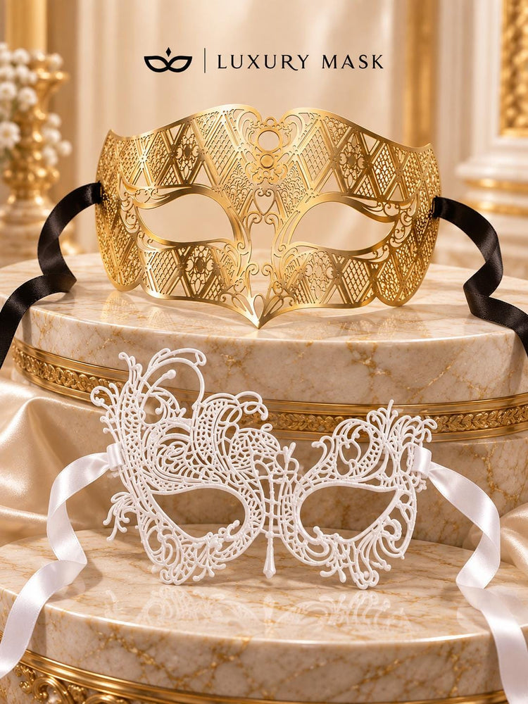 White Swan Lace Mask for Women with Gold Diamond Venetian Mask for Men | Gold White Couples Masquerade Masks - product view 6
