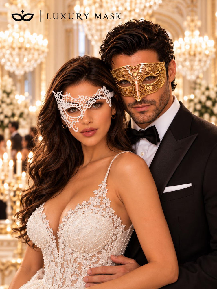 White Phantom Lace Mask for Women & Gold Diamond Venetian Mask for Men | Elegant Gold White His and Hers Masquerade Set - product view 2