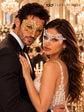 White Phantom Lace Mask for Women & Gold Diamond Venetian Mask for Men | Elegant Gold White His and Hers Masquerade Set - product view 3