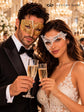 White Phantom Lace Mask for Women & Gold Diamond Venetian Mask for Men | Elegant Gold White His and Hers Masquerade Set - product view 4