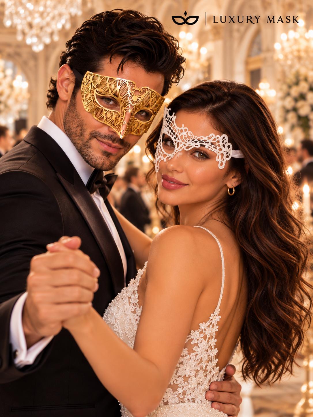 White Phantom Lace Mask for Women & Gold Diamond Venetian Mask for Men | Elegant Gold White His and Hers Masquerade Set - product view 5