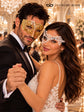 White Phantom Lace Mask for Women & Gold Diamond Venetian Mask for Men | Elegant Gold White His and Hers Masquerade Set - product view 5