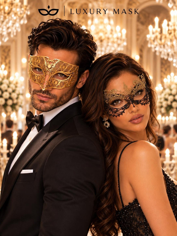 Black Gold Lace Mask for Women & Gold Diamond Venetian Mask for Men | Coordinated Gold His and Hers Masquerade Set - product view 3