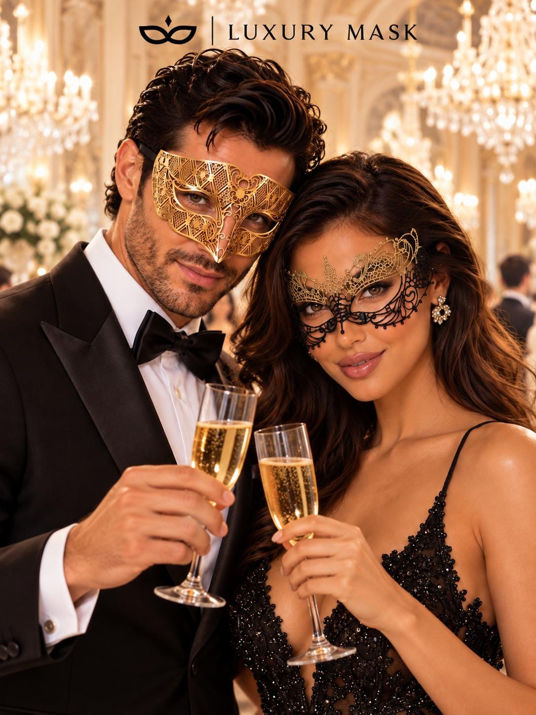 Black Gold Lace Mask for Women & Gold Diamond Venetian Mask for Men | Coordinated Gold His and Hers Masquerade Set - product view 2