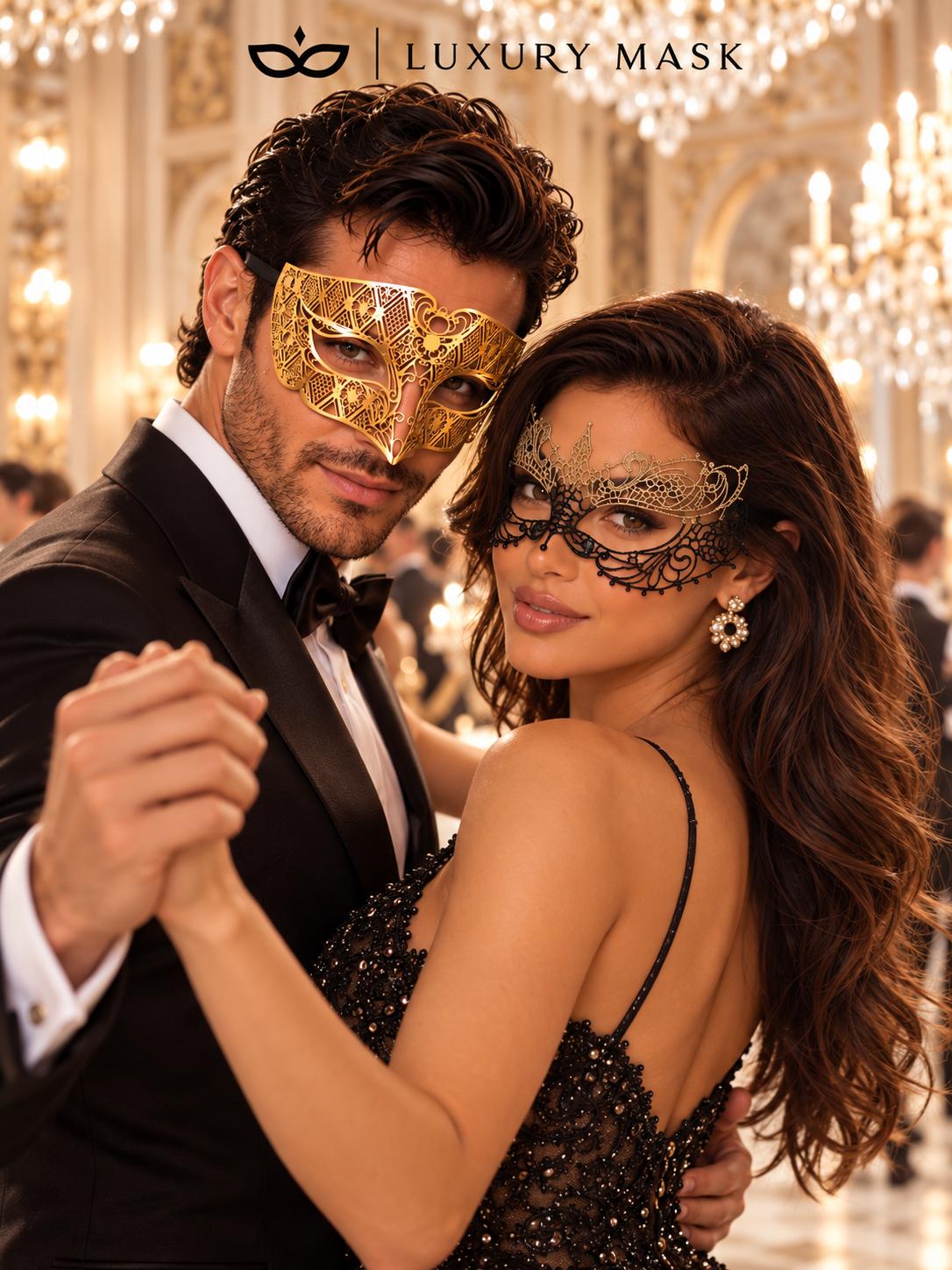 Black Gold Lace Mask for Women & Gold Diamond Venetian Mask for Men | Coordinated Gold His and Hers Masquerade Set - product view 4