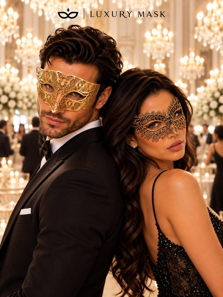 Gold Black Masquerade Masks for Couples | Diamond Laser Cut Venetian Mask for Men & Black Gold Lace Mask for Women - product view 3