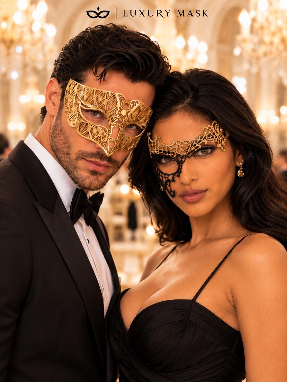 Black Gold Phantom Lace Mask & Gold Diamond Venetian Mask | Dramatic His and Hers Masquerade Masks for Couples - product view 2
