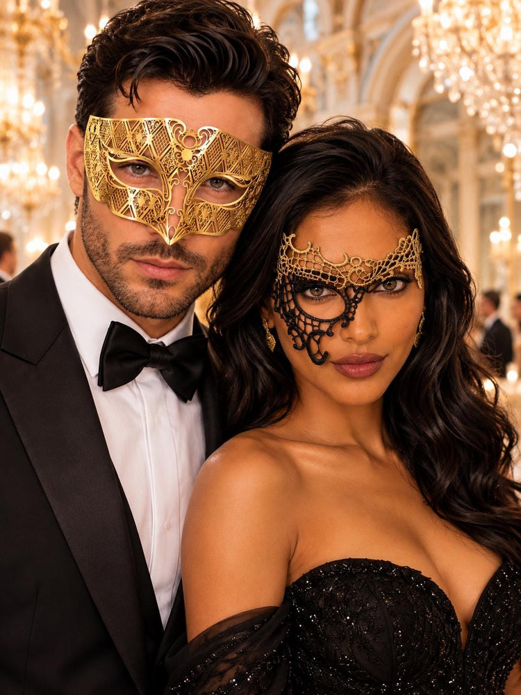 Black Gold Phantom Lace Mask & Gold Diamond Venetian Mask | Dramatic His and Hers Masquerade Masks for Couples - product view 4