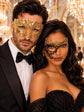 Black Gold Phantom Lace Mask & Gold Diamond Venetian Mask | Dramatic His and Hers Masquerade Masks for Couples - product view 4