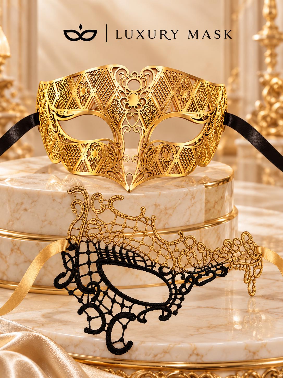 Black Gold Phantom Lace Mask & Gold Diamond Venetian Mask | Dramatic His and Hers Masquerade Masks for Couples - product view 6