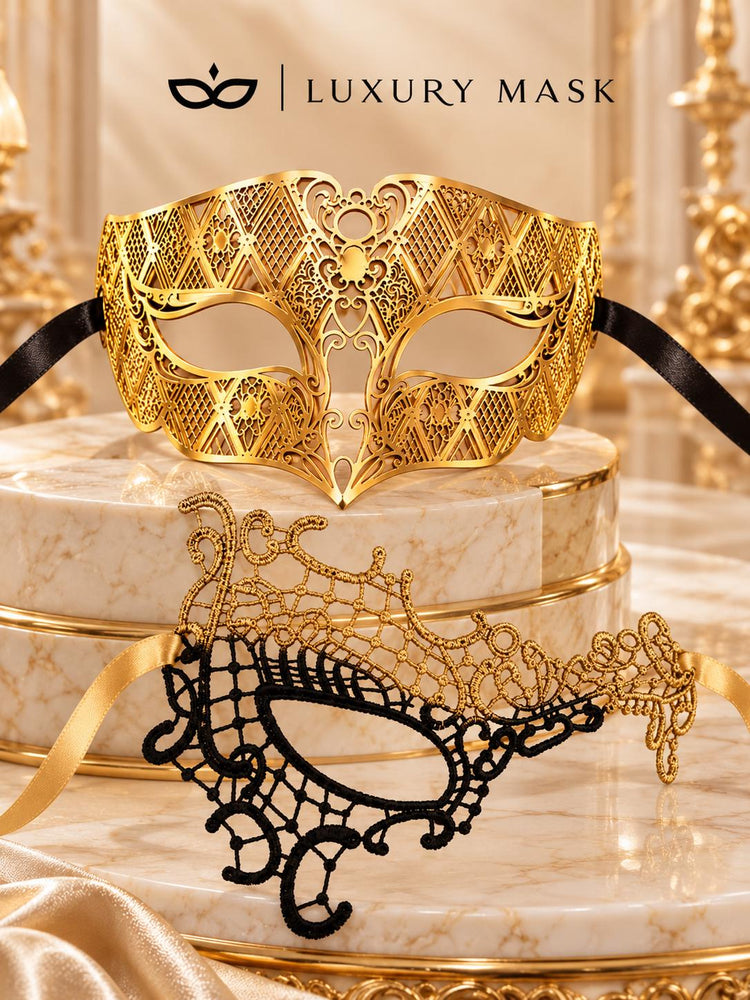 Black Gold Phantom Lace Mask & Gold Diamond Venetian Mask | Dramatic His and Hers Masquerade Masks for Couples - product view 6