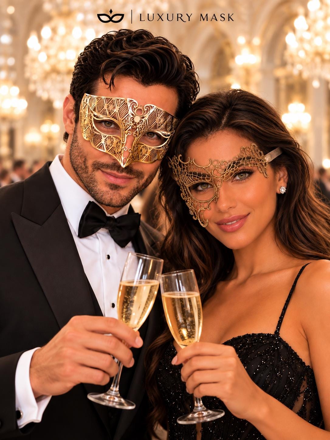 Gold Phantom Lace Mask for Women & Diamond Laser Cut Venetian Mask for Men | All Gold His and Hers Masquerade Set - product view 2