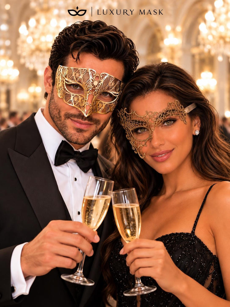 Gold Phantom Lace Mask for Women & Diamond Laser Cut Venetian Mask for Men | All Gold His and Hers Masquerade Set - product view 2