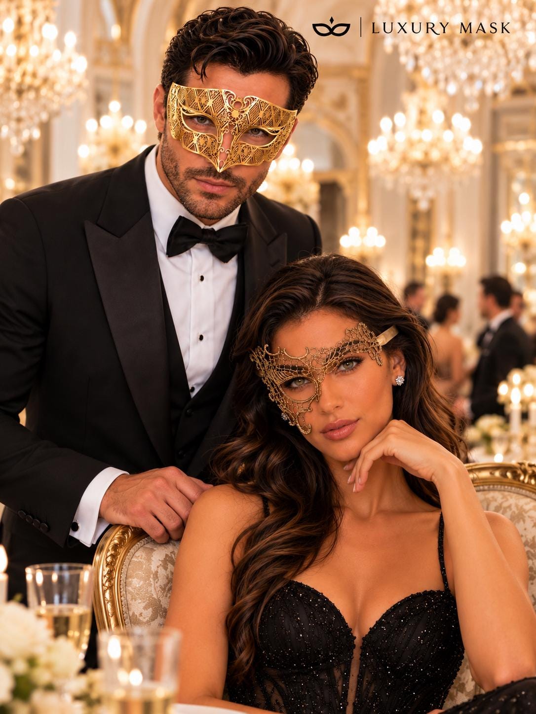 Gold Phantom Lace Mask for Women & Diamond Laser Cut Venetian Mask for Men | All Gold His and Hers Masquerade Set - product view 4