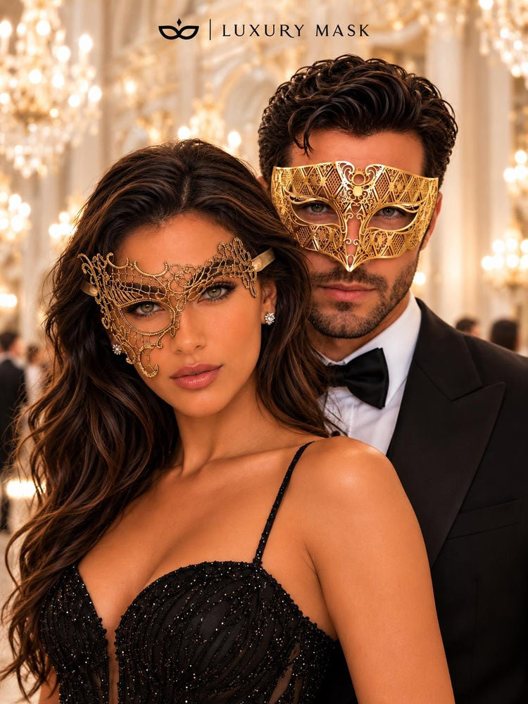 Gold Phantom Lace Mask for Women & Diamond Laser Cut Venetian Mask for Men | All Gold His and Hers Masquerade Set - product view 5