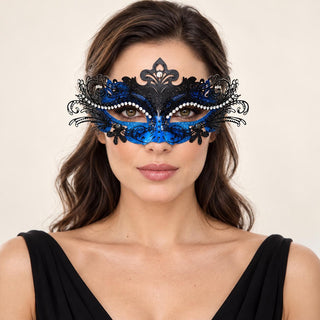 Blue and Black Masquerade Mask for Women with Clear Rhinestones and Detailed Cutout - main image