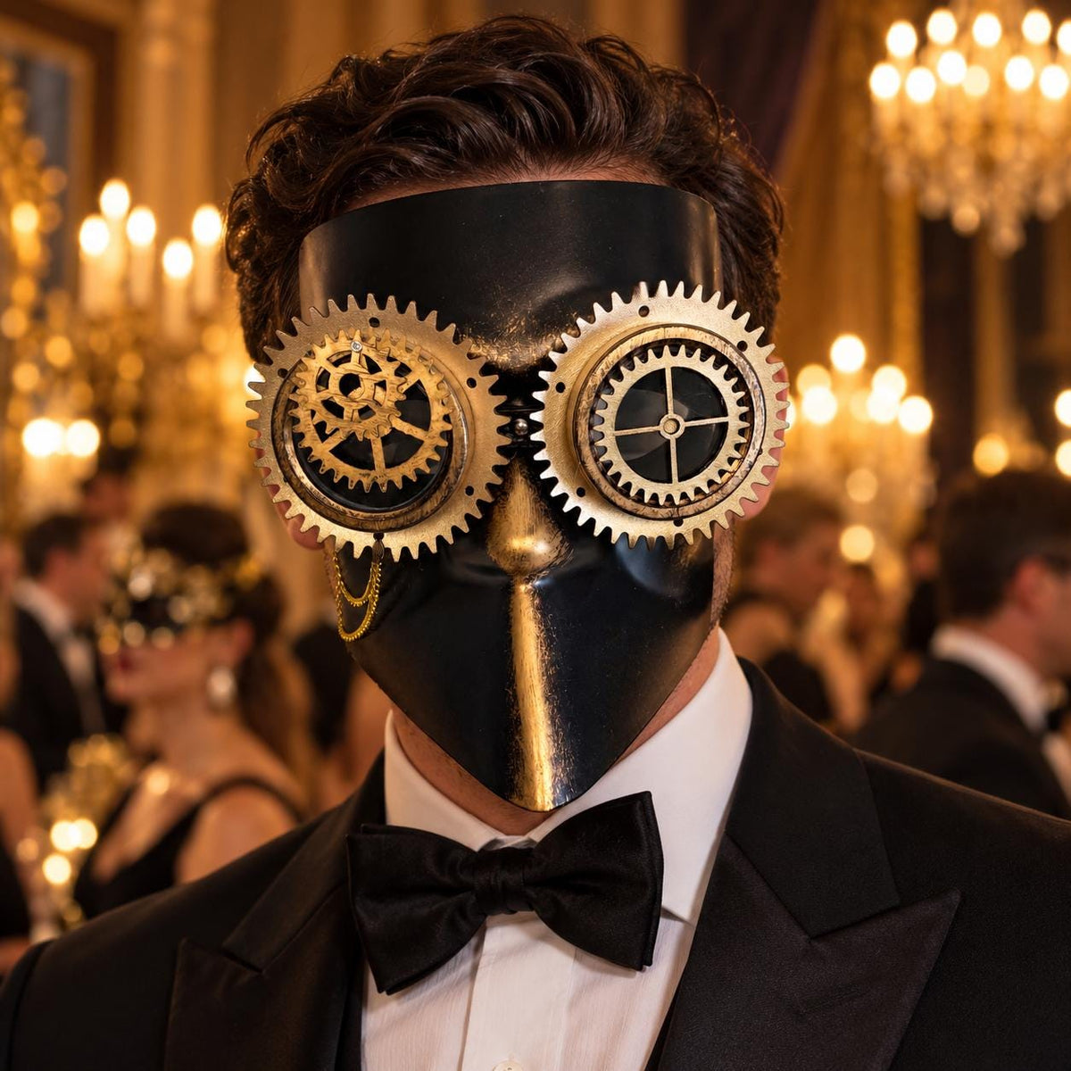 Gold and Black Steampunk Full Face Mask with Gear Goggles and Chain Detail - main image