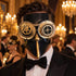 Gold and Black Steampunk Full Face Mask with Gear Goggles and Chain Detail - main image