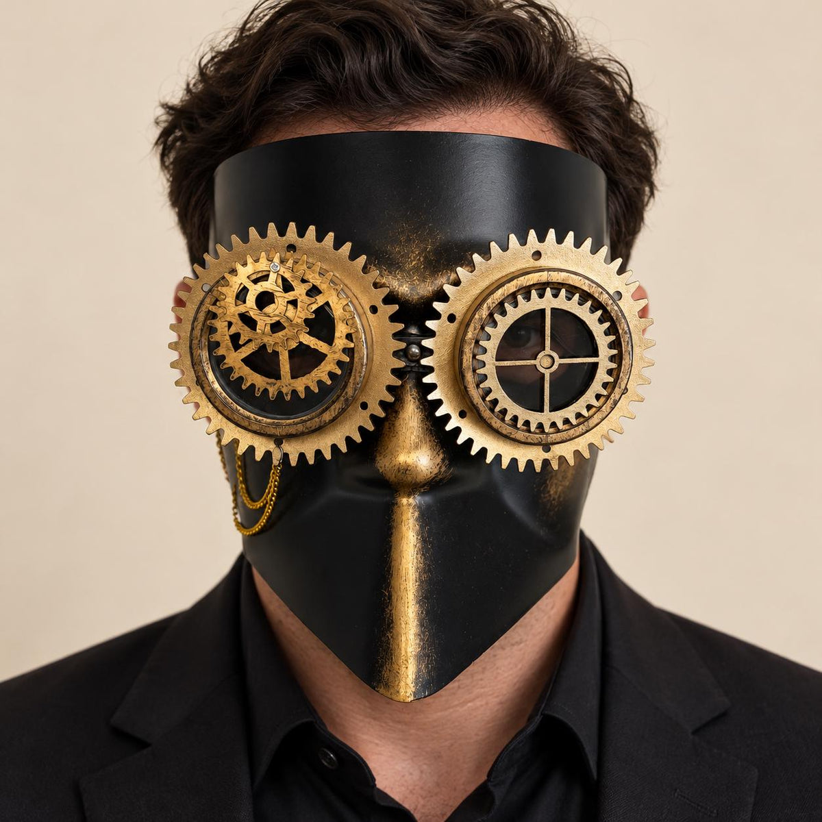 Gold and Black Steampunk Full Face Mask with Gear Goggles and Chain Detail - product photo