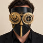 Gold and Black Steampunk Full Face Mask with Gear Goggles and Chain Detail - product photo