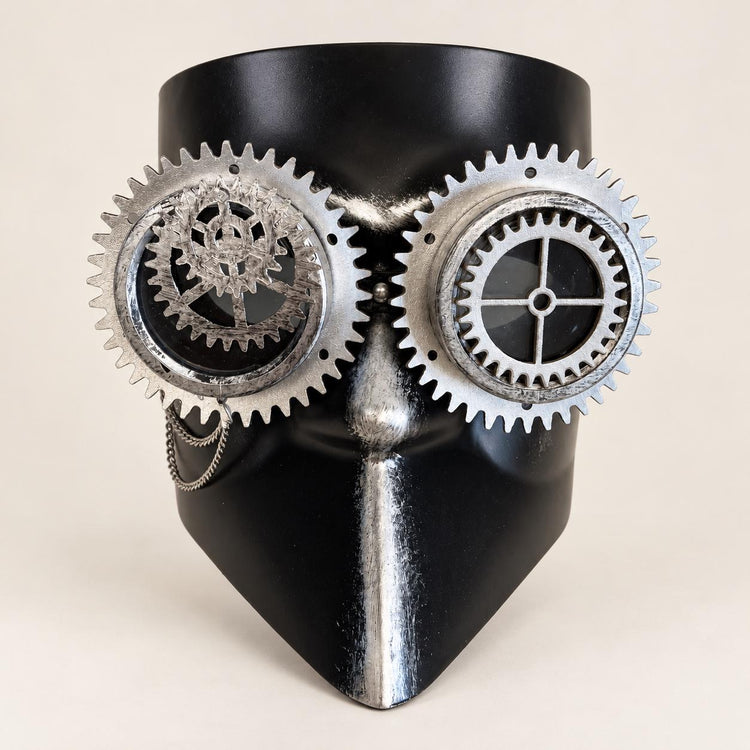 Silver and Black Steampunk Full Face Mask with Gear Goggles and Chain Detail - product photo