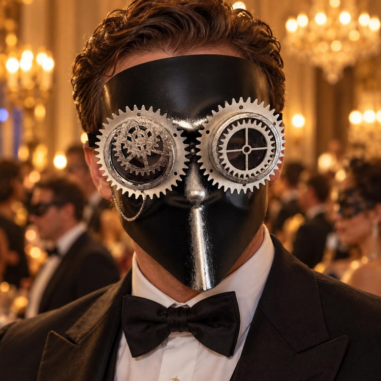 Silver and Black Steampunk Full Face Mask with Gear Goggles and Chain Detail - main image