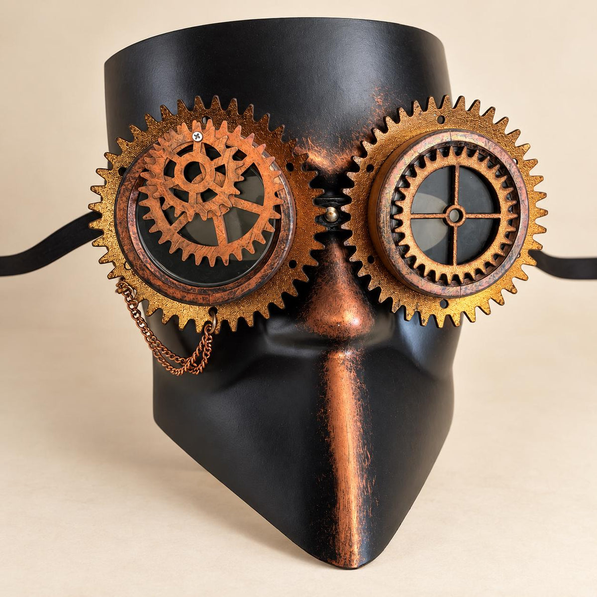 Copper Bronze and Black Steampunk Full Face Mask with Gear Goggles and Chain Detail - product photo