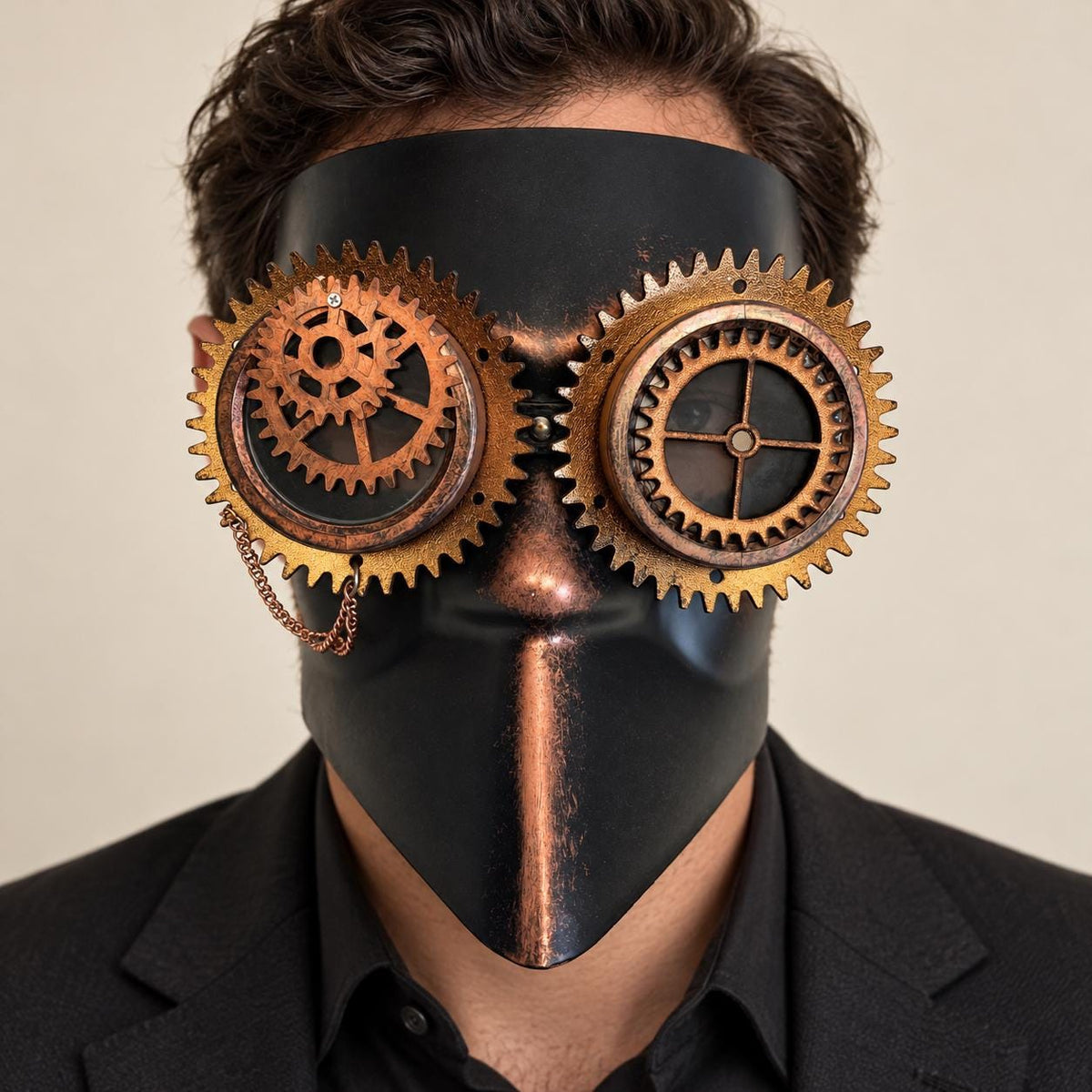 Copper Bronze and Black Steampunk Full Face Mask with Gear Goggles and Chain Detail - main image